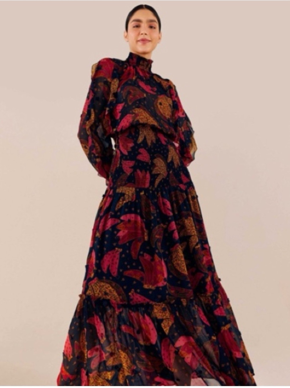 Farm Rio Navy Floral Tiered Maxi Dress with Pink & Gold Print